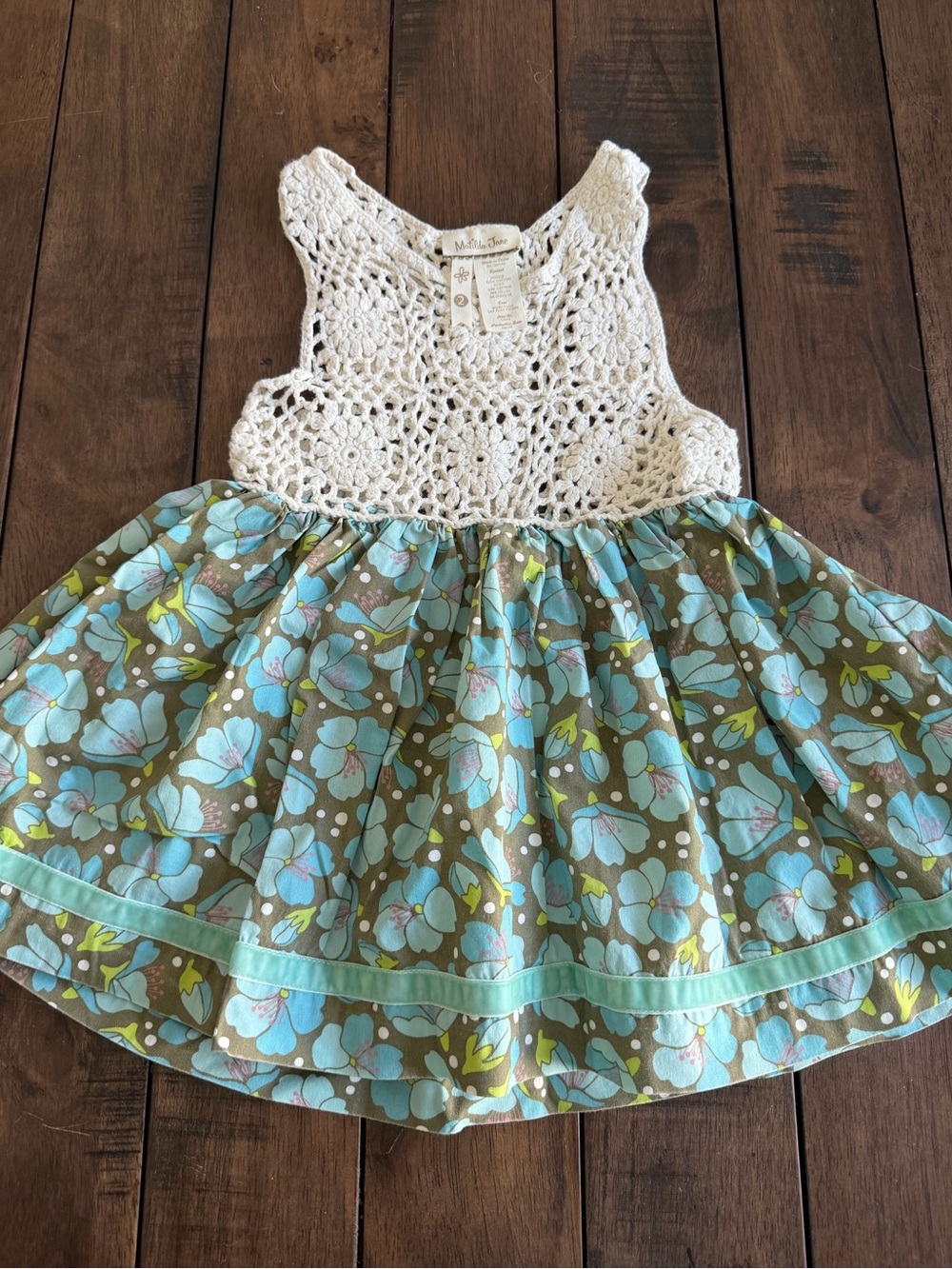 Matilda Jane Cream Crochet Top with Blue Floral Skirt